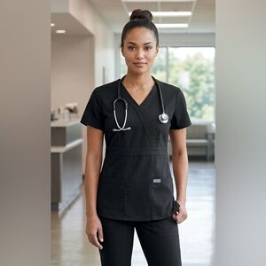 Grey’s Anatomy by Barco Black Short Sleeved V-Neck Nursing Scrub Top, Size Med